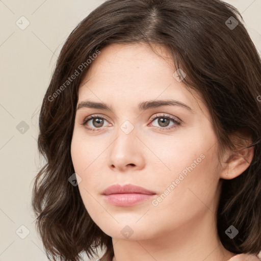 Neutral white young-adult female with medium  brown hair and brown eyes