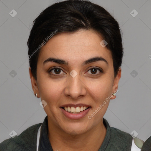 Joyful white young-adult female with short  brown hair and brown eyes