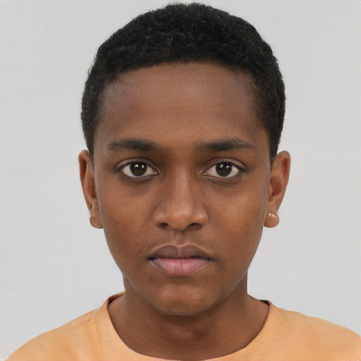 Neutral black young-adult male with short  black hair and brown eyes