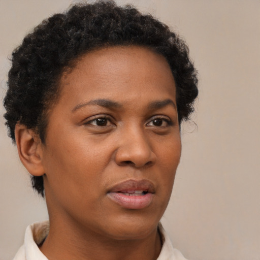 Neutral black young-adult female with short  brown hair and brown eyes