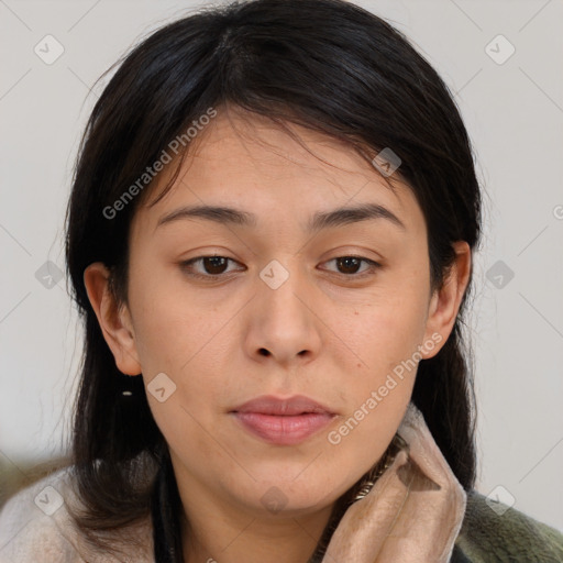 Neutral white young-adult female with medium  brown hair and brown eyes