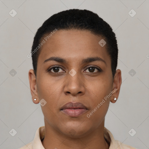 Neutral black young-adult female with short  brown hair and brown eyes