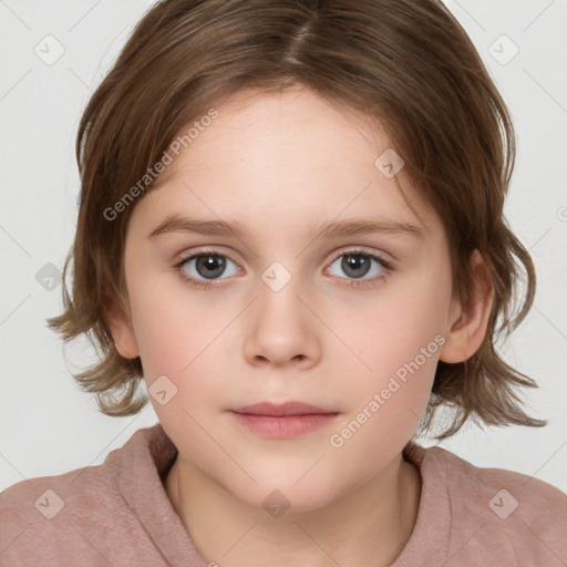 Neutral white child female with medium  brown hair and grey eyes