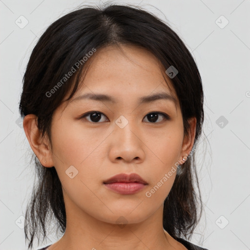 Neutral asian young-adult female with medium  brown hair and brown eyes