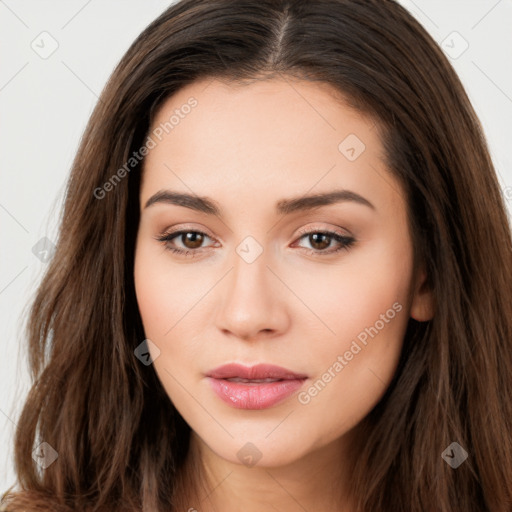 Neutral white young-adult female with long  brown hair and brown eyes