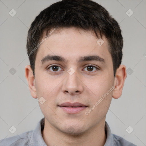 Neutral white young-adult male with short  brown hair and brown eyes