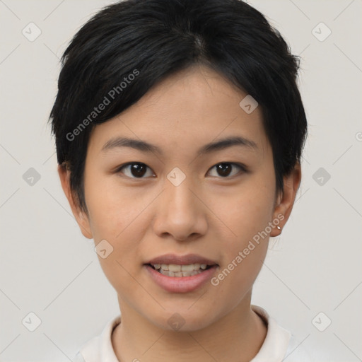 Joyful asian young-adult female with short  black hair and brown eyes