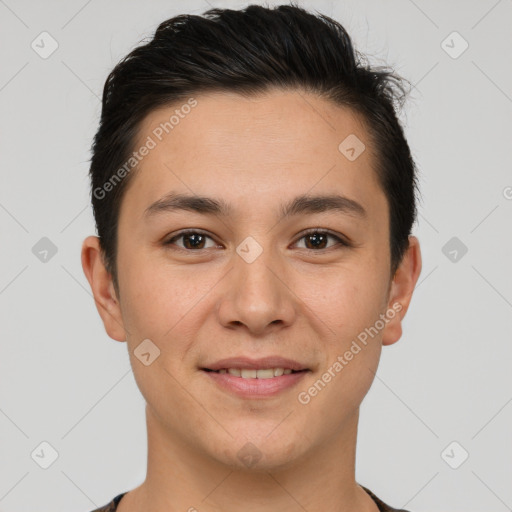 Joyful white young-adult male with short  brown hair and brown eyes