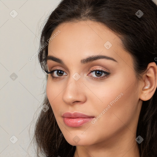 Neutral white young-adult female with long  brown hair and brown eyes