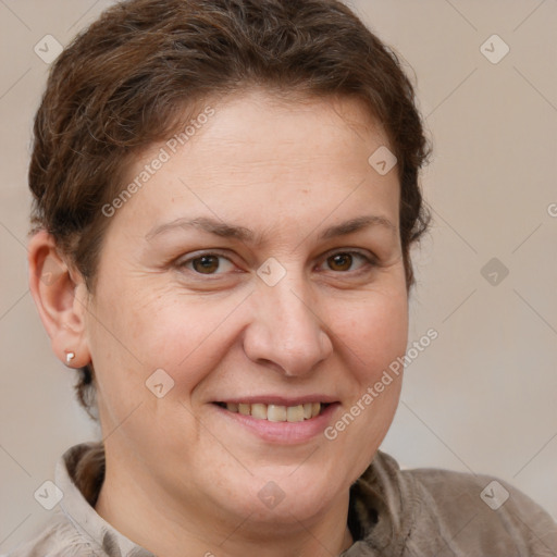 Joyful white adult female with short  brown hair and brown eyes