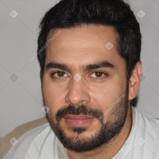 Joyful white young-adult male with short  black hair and brown eyes