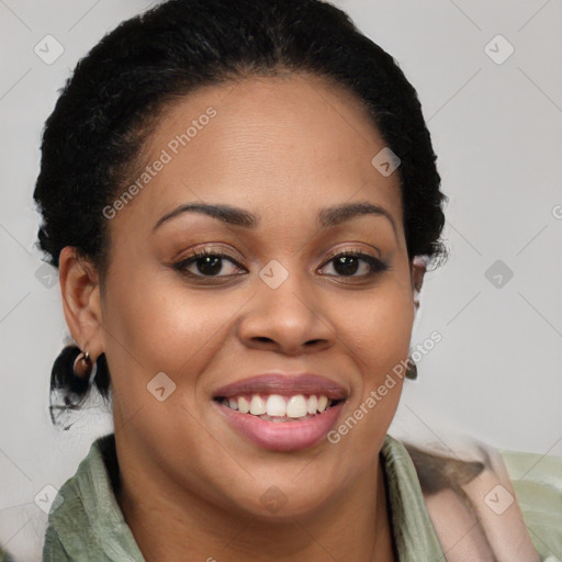 Joyful latino young-adult female with short  brown hair and brown eyes