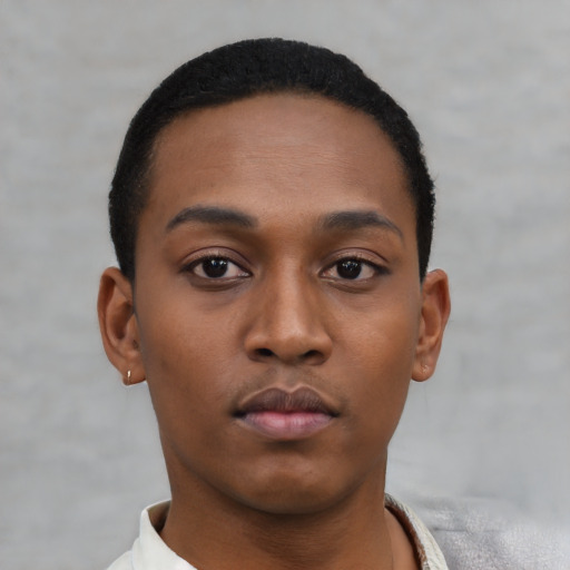 Neutral black young-adult male with short  black hair and brown eyes