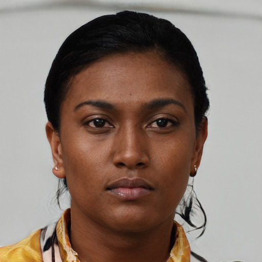 Neutral latino young-adult female with short  black hair and brown eyes
