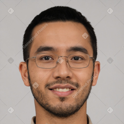 Joyful latino young-adult male with short  black hair and brown eyes