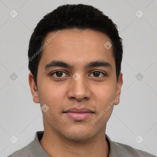 Neutral latino young-adult male with short  black hair and brown eyes