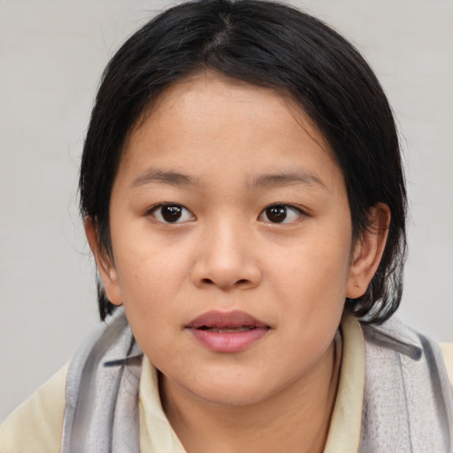 Neutral asian young-adult female with medium  brown hair and brown eyes