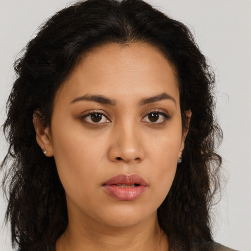 Neutral asian young-adult female with long  brown hair and brown eyes