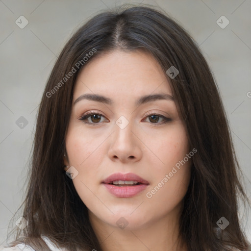 Neutral white young-adult female with long  brown hair and brown eyes