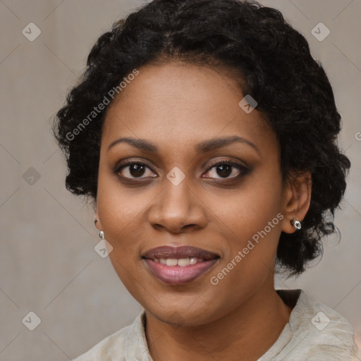 Joyful black young-adult female with medium  black hair and brown eyes