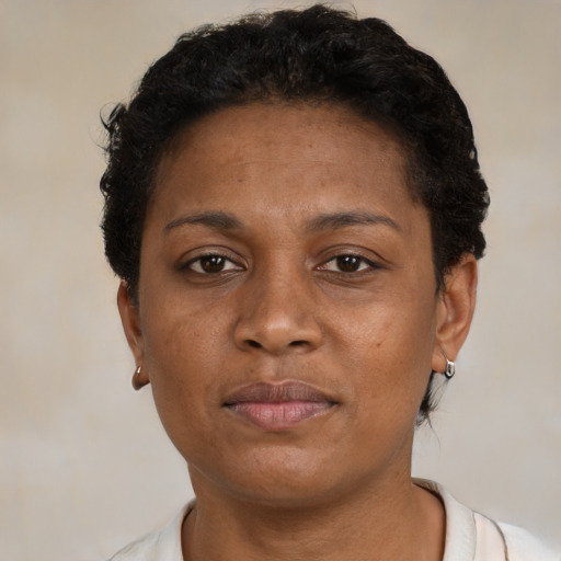 Neutral black young-adult female with short  brown hair and brown eyes