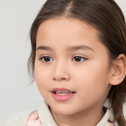 Joyful white child female with medium  brown hair and brown eyes