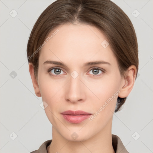 Neutral white young-adult female with short  brown hair and brown eyes