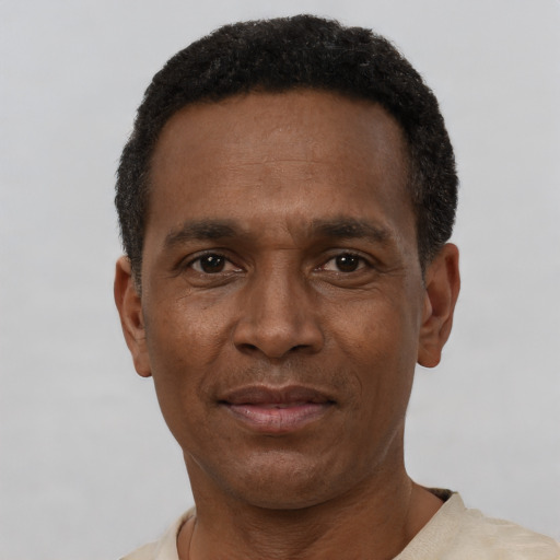 Neutral black adult male with short  black hair and brown eyes