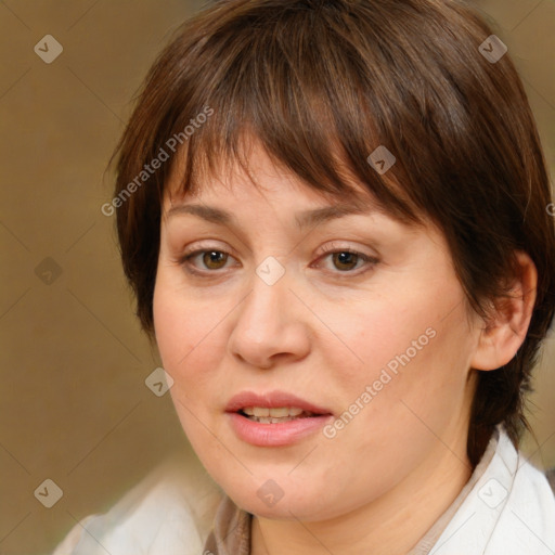 Joyful white adult female with medium  brown hair and brown eyes