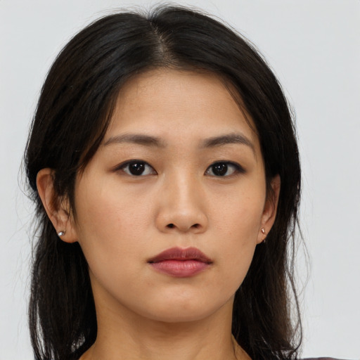 Neutral asian young-adult female with long  brown hair and brown eyes