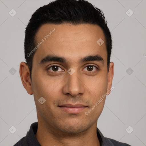 Neutral latino young-adult male with short  black hair and brown eyes