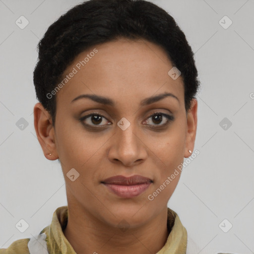 Joyful latino young-adult female with short  brown hair and brown eyes
