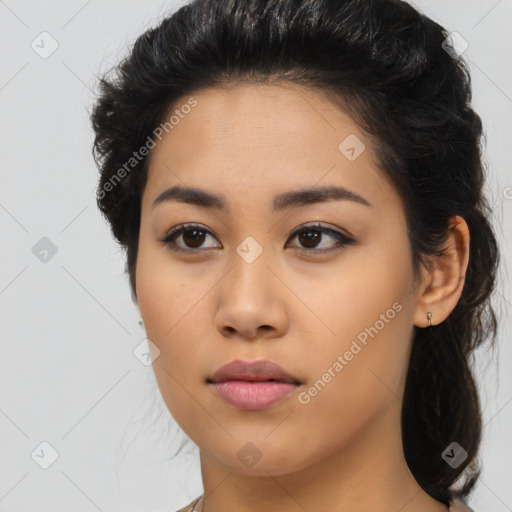 Neutral latino young-adult female with medium  black hair and brown eyes