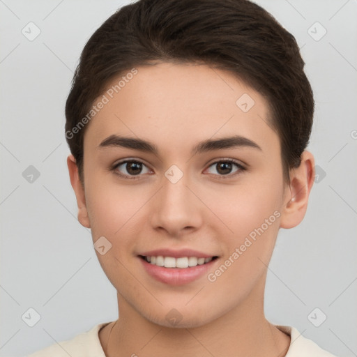 Joyful white young-adult female with short  brown hair and brown eyes