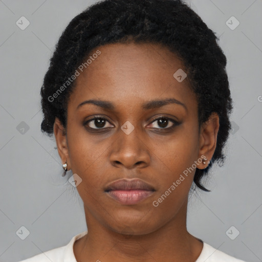 Neutral black young-adult female with short  black hair and brown eyes