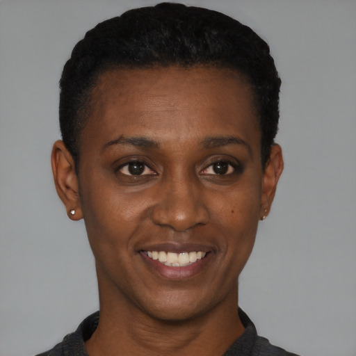 Joyful black young-adult female with short  black hair and brown eyes