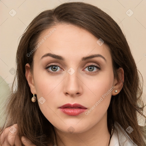 Neutral white young-adult female with long  brown hair and grey eyes