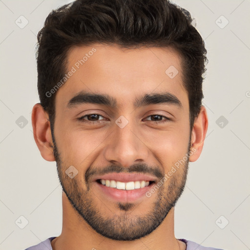 Joyful white young-adult male with short  black hair and brown eyes