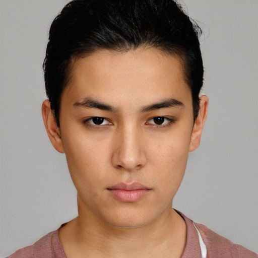 Neutral white young-adult male with short  black hair and brown eyes