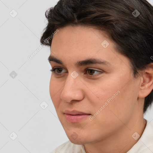 Joyful white young-adult female with short  brown hair and brown eyes