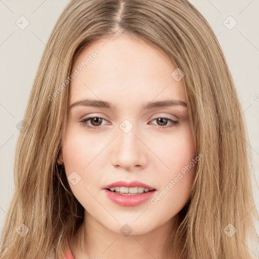 Neutral white young-adult female with long  brown hair and brown eyes