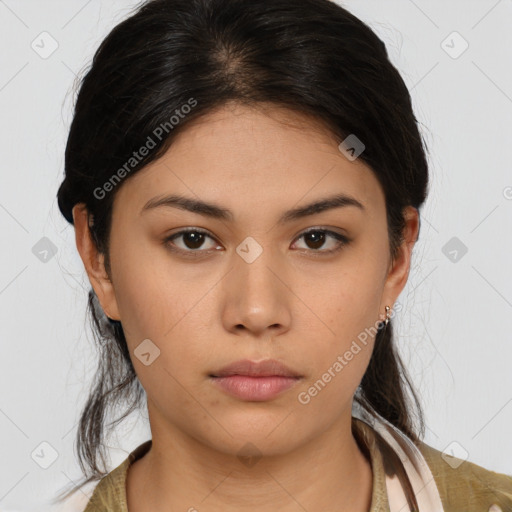 Neutral asian young-adult female with medium  brown hair and brown eyes