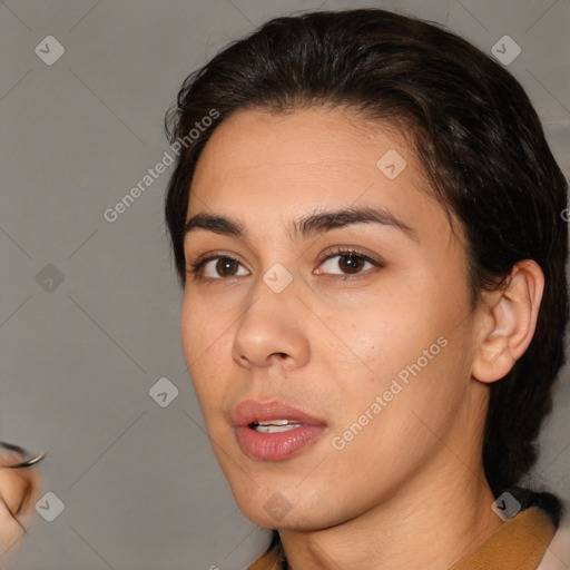 Joyful white young-adult female with medium  brown hair and brown eyes