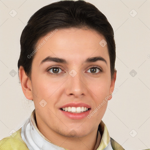 Joyful white young-adult female with short  brown hair and brown eyes