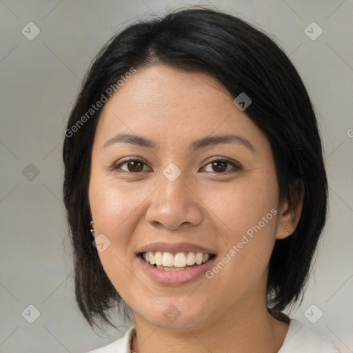 Joyful white young-adult female with medium  brown hair and brown eyes