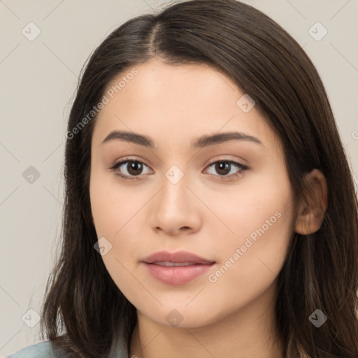 Neutral white young-adult female with long  brown hair and brown eyes