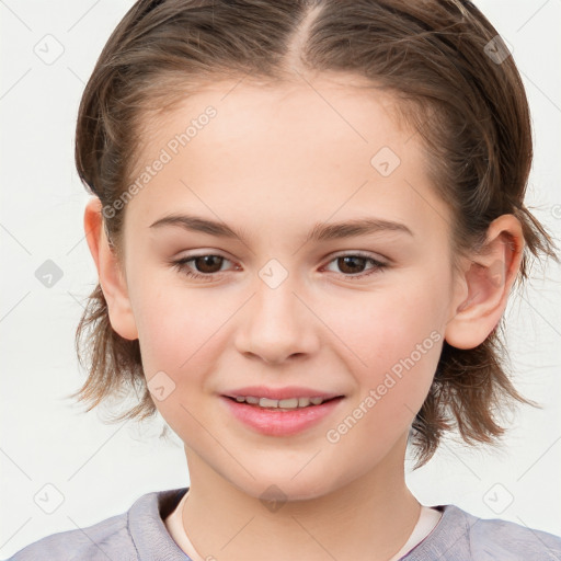 Joyful white child female with medium  brown hair and brown eyes