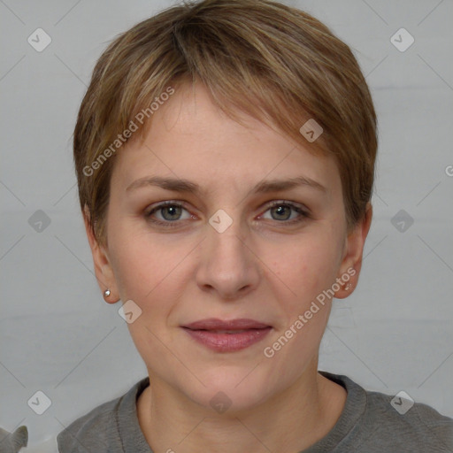 Joyful white young-adult female with short  brown hair and grey eyes