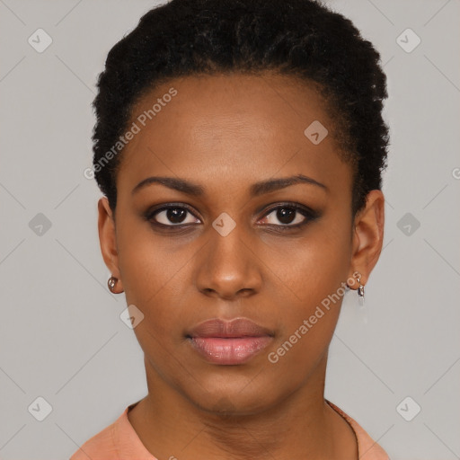 Neutral black young-adult female with short  black hair and brown eyes