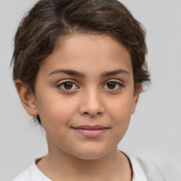 Joyful white child female with short  brown hair and brown eyes